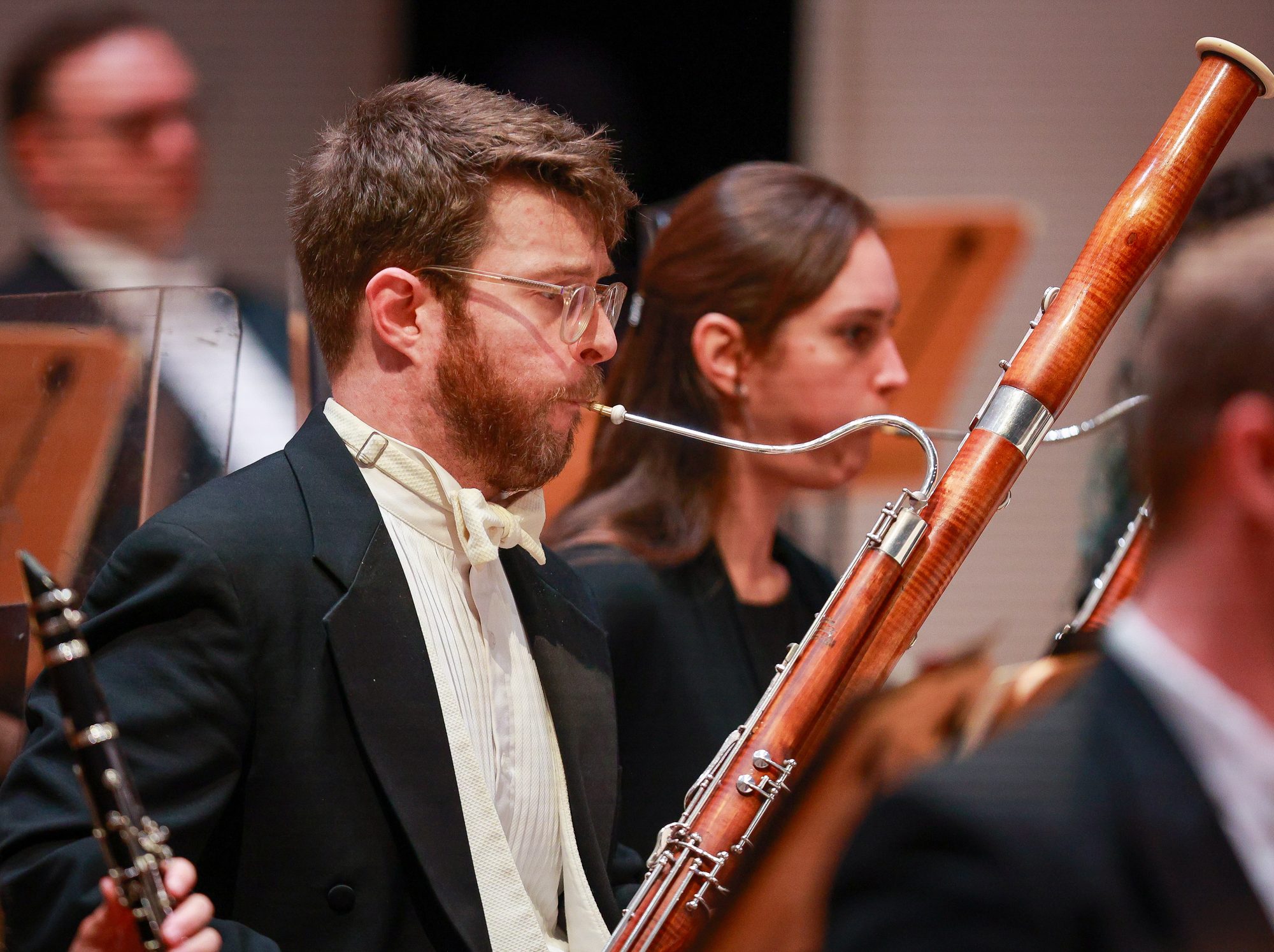 Michael Matushek performing on bassoon with an orchestra
